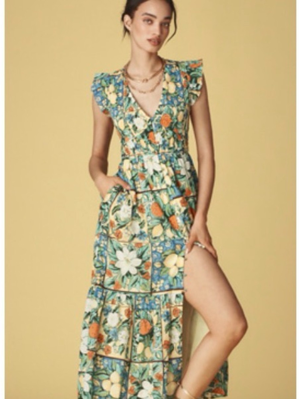 Perigrine Midi DressGreen Floral Lemon Print Sundress- Size M